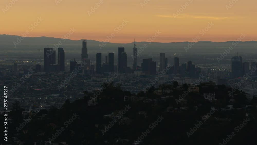 Aerial sunrise view LA cityscape from Hollywood Hills Aerial sunrise view LA cityscape from Hollywood Hills