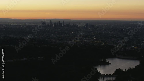 Aerial cityscape view morning lights central Los Angeles