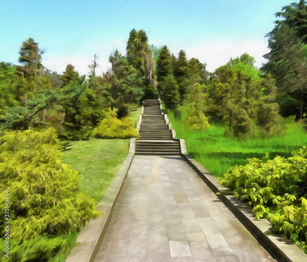 Watercolor landscape. A large stone staircase in an old overgrown park.