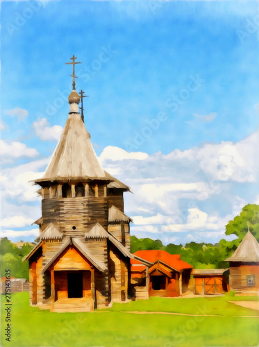  Ancient wooden Church. Digital painting