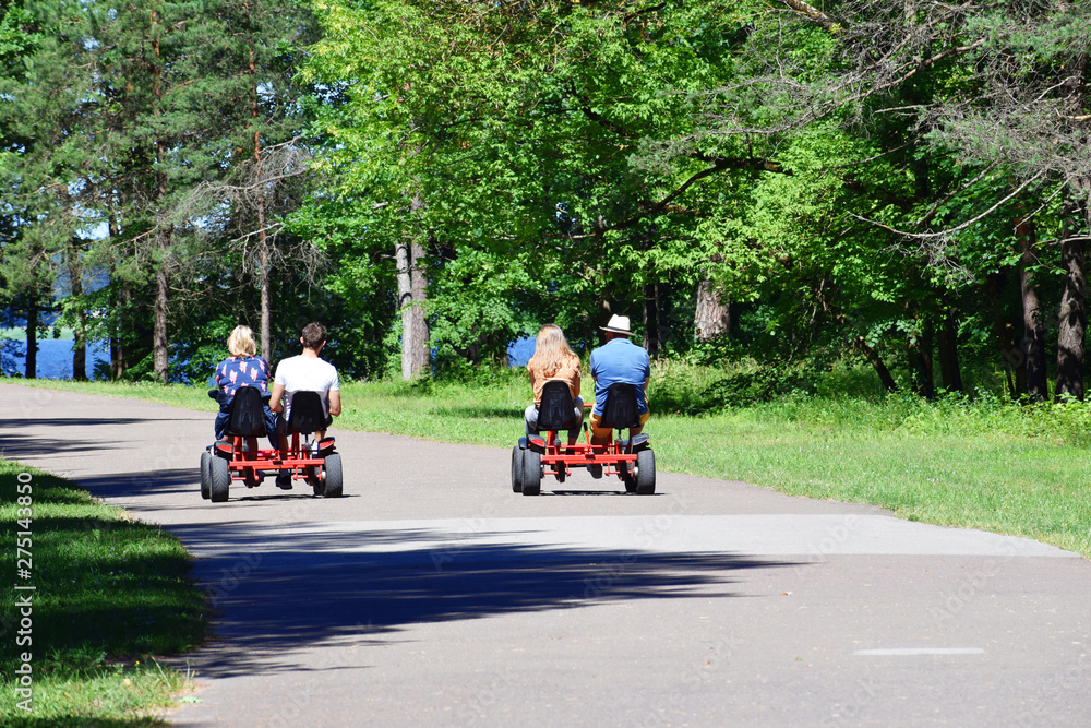 Two couples of adults women and men riding pedal kart car at park in sunny summer day, back view. Leisure time with friends and family, summertime vacation concept.