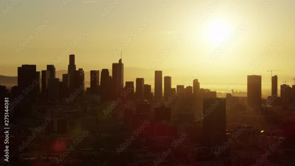 Aerial view LA skyline and skyscrapers at sunrise Aerial view LA skyline and skyscrapers at sunrise