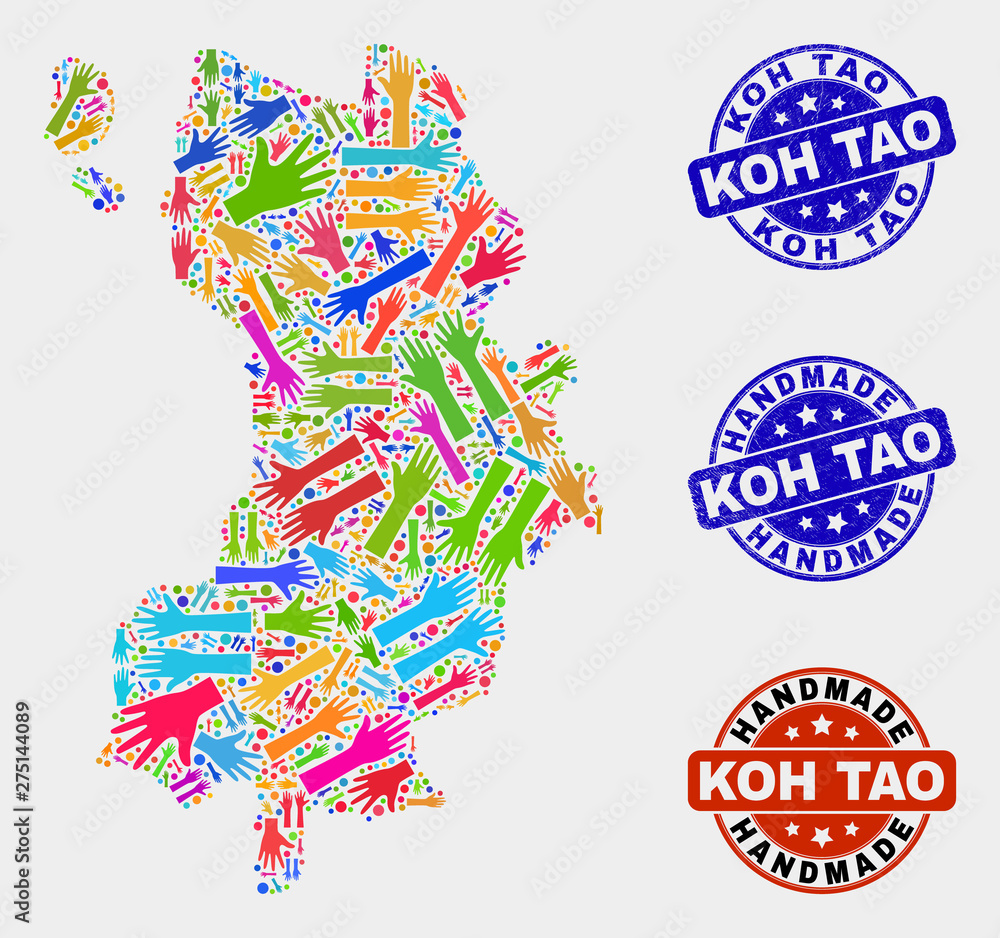 Vector handmade combination of Koh Tao map and dirty seals. Mosaic Koh Tao map is designed with randomized bright colorful hands. Rounded seals with unclean rubber texture.