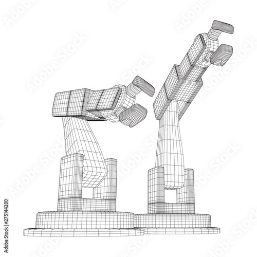 Robotic arm manufacture technology industry assembly mechanic hand wireframe low poly mesh vector illustration
