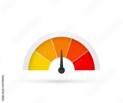 Round temperature gauge, isolated on white background. Colored measuring semicircle scale in flat style. Vector stock illustration.