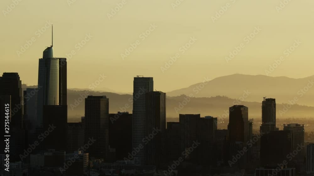 Aerial sunrise view commercial skyscrapers LA city skyline Aerial sunrise view commercial skyscrapers LA city skyline