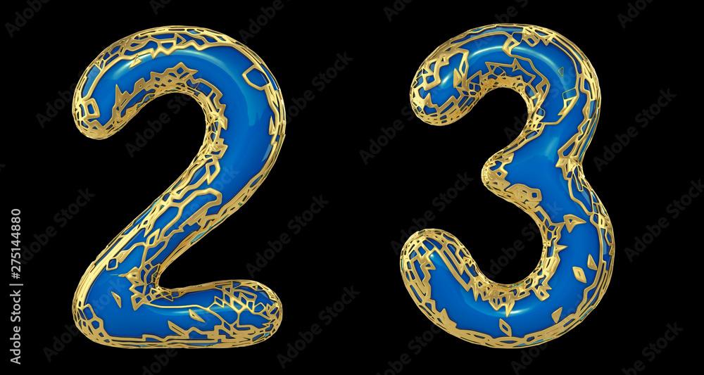 Obraz premium Number set 2, 3 made of realistic 3d render golden shining metallic. Collection of gold shining metallic with blue color plastic symbol