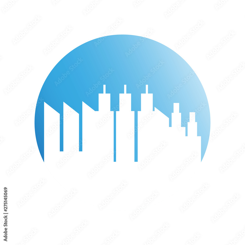 city tower building in blue circle background city tower building in blue circle background