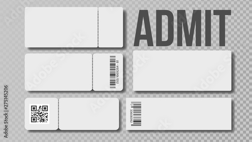 Design Blank Template Of Admit Ticket Set Vector. Cinema Movie Or Theater, Football Or Basketball, Volleyball Or Tennis Admit For Watch Championship Match. Monochrome Realistic 3d Illustration