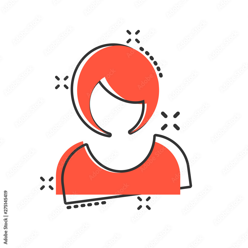 Obraz premium Woman sign icon in comic style. Female avatar vector cartoon illustration on white isolated background. Girl face business concept splash effect.