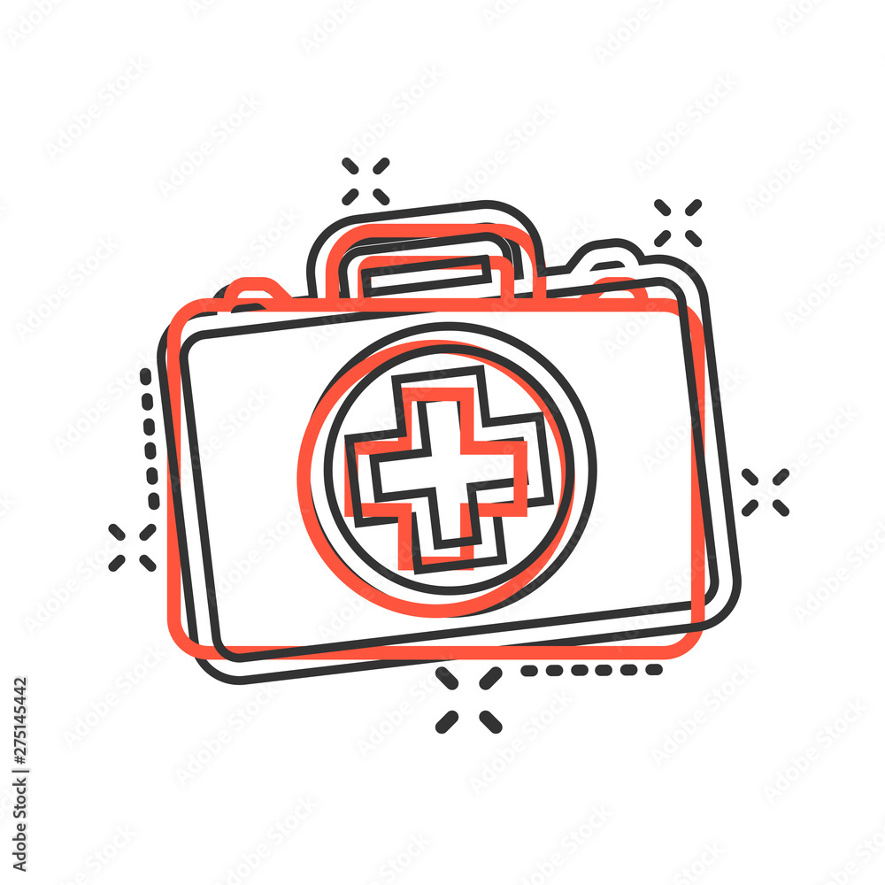 Obraz premium First aid kit icon in comic style. Health, help and medical diagnostics vector cartoon illustration on white isolated background. Doctor bag business concept splash effect.