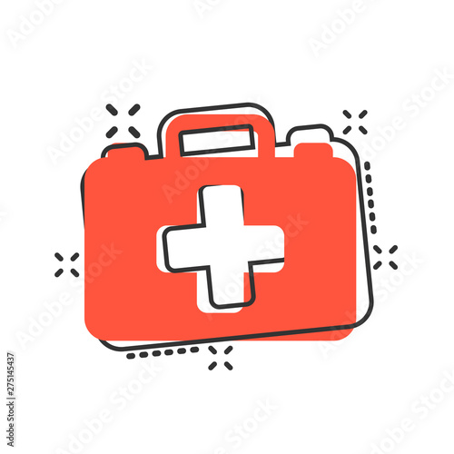 First aid kit icon in comic style. Health, help and medical diagnostics vector cartoon illustration on white isolated background. Doctor bag business concept splash effect.
