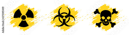 Danger grunge vector signs. Radiation sign, Biohazard sign, Toxic sign, Poison sign. photo