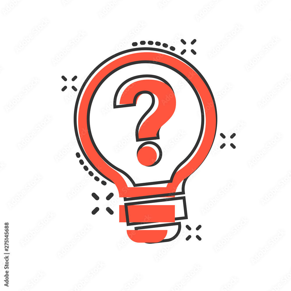 Problem solution icon in comic style. Light bulb idea vector cartoon illustration on white background. Question and answer business concept splash effect. Problem solution icon in comic style. Light bulb idea vector cartoon illustration on white background. Question and answer business concept splash effect.