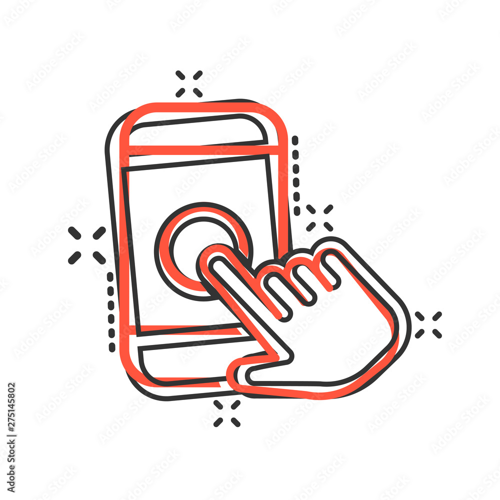 Hand touch smartphone icon in comic style. Phone finger vector cartoon illustration on white isolated background. Cursor touchscreen business concept splash effect.
