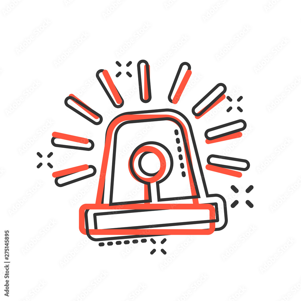 Emergency siren icon in comic style. Police alarm vector cartoon illustration on white isolated background. Medical alert business concept splash effect.