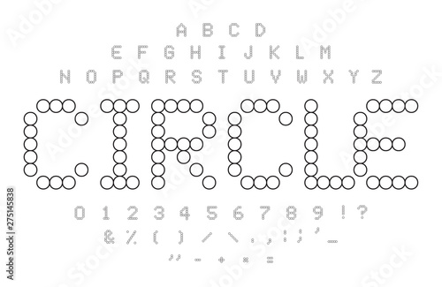 Circle contours alphabet. Black and white simple dotted letters, numbers and symbols set. Mosaic tiles shape. Circle puzzle font concept.