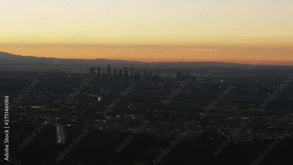 Aerial cityscape view morning lights central Los Angeles Aerial cityscape view morning lights central Los Angeles