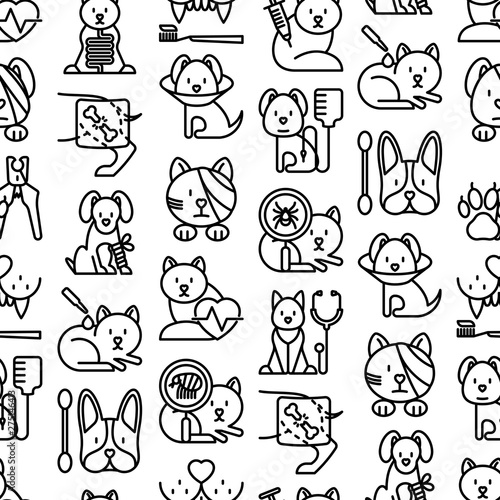 Veterinary clinic seamless pattern with thin line icons: broken leg, protective collar, injection, cardiology, cleaning of ears, shearing claws, bandage on eye, blood transfusion. Vector illustration.