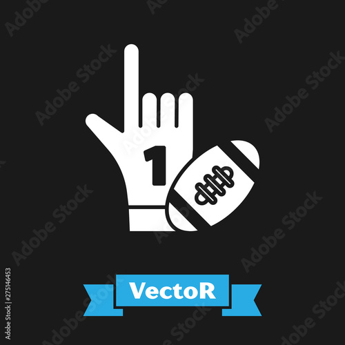 White Number 1 one fan hand glove with finger raised and american football ball icon isolated on black background. Set of sport equipment. Vector Illustration