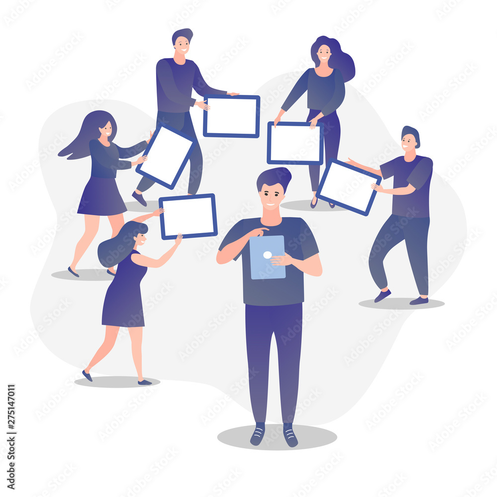 Obraz premium Illustration of men and women holding board cards. Symbol of teamwork, cooperatio and partnership, business metaphor.