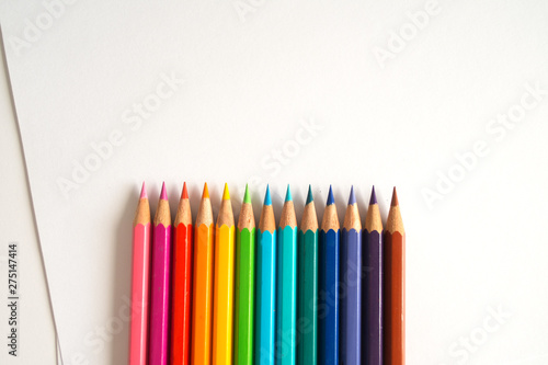 Photo of many color pencils on white background. Various colors. Advertising, blog post, newsletters.