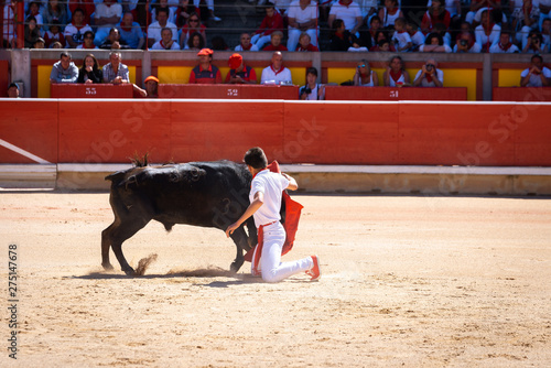 Young bullfighter in Pamplona bullring, Spain
