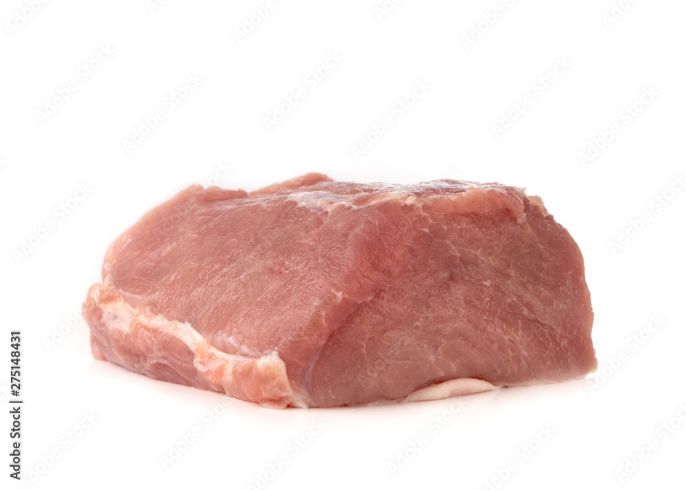 A piece of meat on a white background. Raw piece of pork close-up.