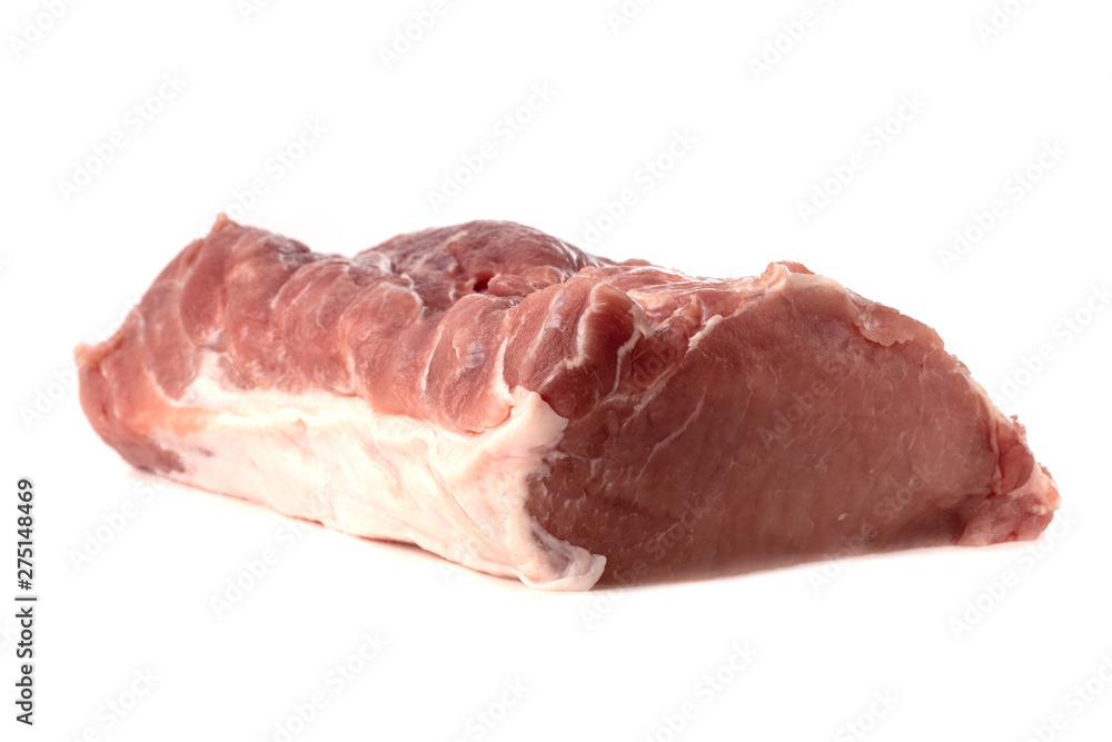 A piece of meat on a white background. Raw piece of pork close-up.