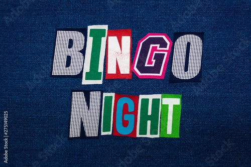 BINGO NIGHT word text collage, multi colored fabric on blue denim, game night concept, horizontal aspect