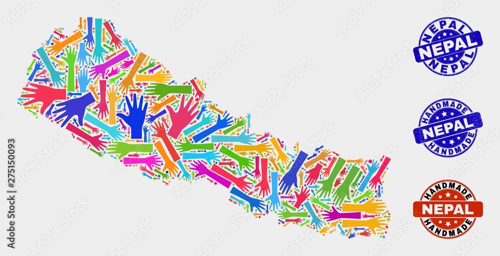 Fototapeta premium Vector handmade composition of Nepal map and rubber stamp seals. Mosaic Nepal map is formed from scattered bright colorful hands. Rounded seals with corroded rubber texture.