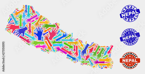 Vector handmade composition of Nepal map and rubber stamp seals. Mosaic Nepal map is formed from scattered bright colorful hands. Rounded seals with corroded rubber texture.