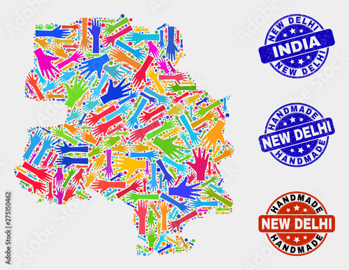 Vector handmade collage of New Delhi City map and unclean seals. Mosaic New Delhi City map is composed of randomized bright colored hands. Rounded seals with scratched rubber texture.