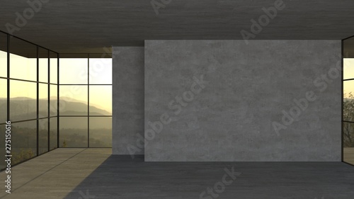 Empty glass room in modern design, concrete wall, floor and ceiling with mountain scenery make a look as view from modern luxury mountain sided house. Use for interior mock-up space. 3D Illustration.