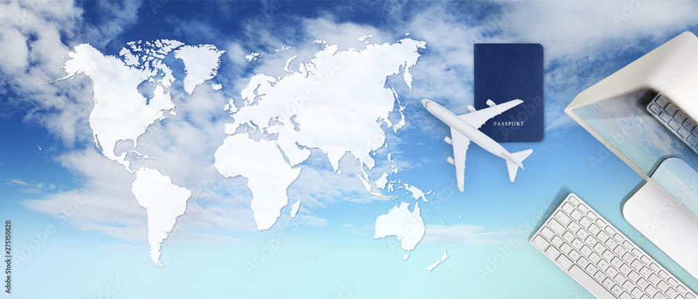 booking and search flight ticket air travel vacation concept, passport,  computer and airplane on sky background with global map Photos | Adobe Stock