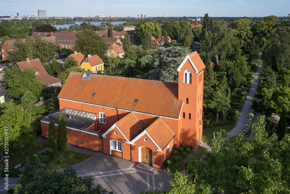 Aerial view of Roedovre church located on Zealand in Denmark