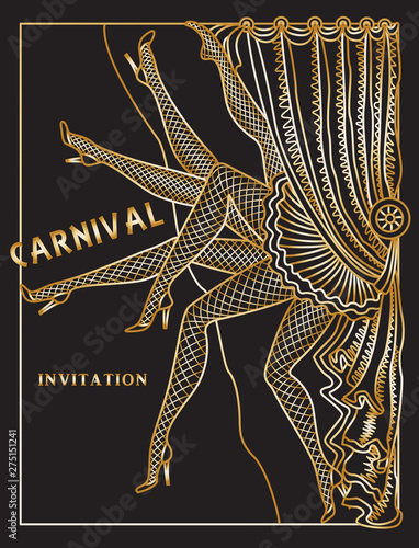 Vector abstract variety show drawing. Carnival Party invitation card. Mardi Gras Masquerade greeting. Golden linear hand drawn doodle sketch on black. Female legs in garter stockings, fan, curtain