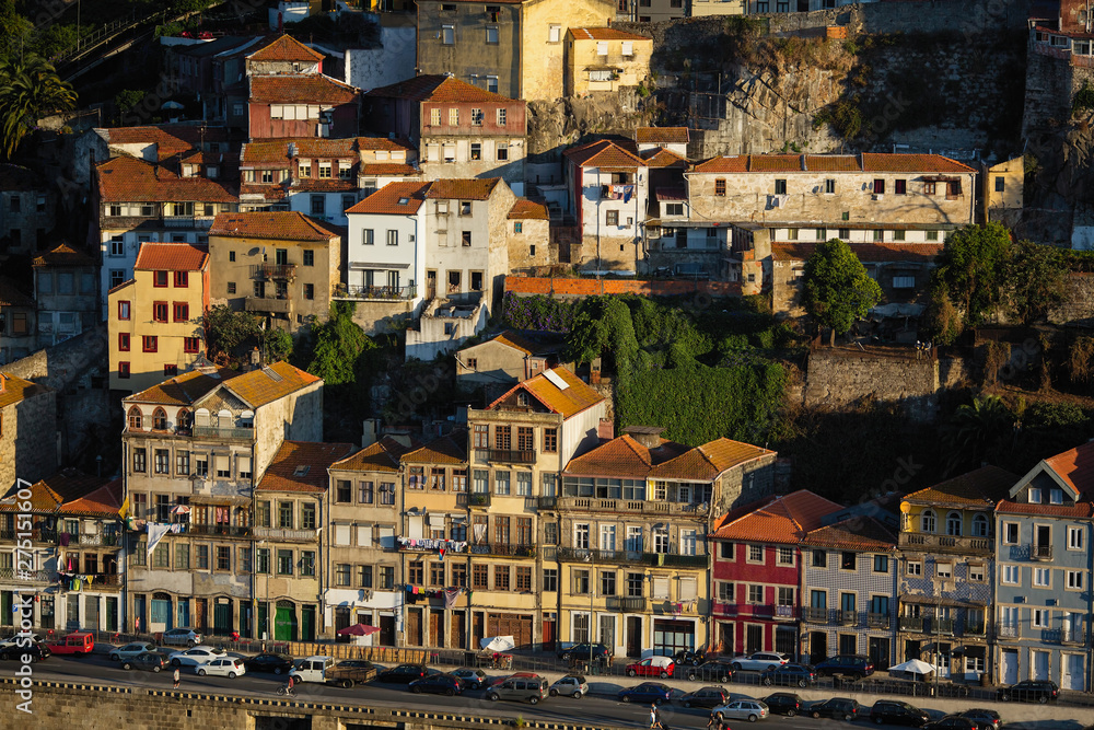 View of the Douro river embankment in Porto, Portugal.