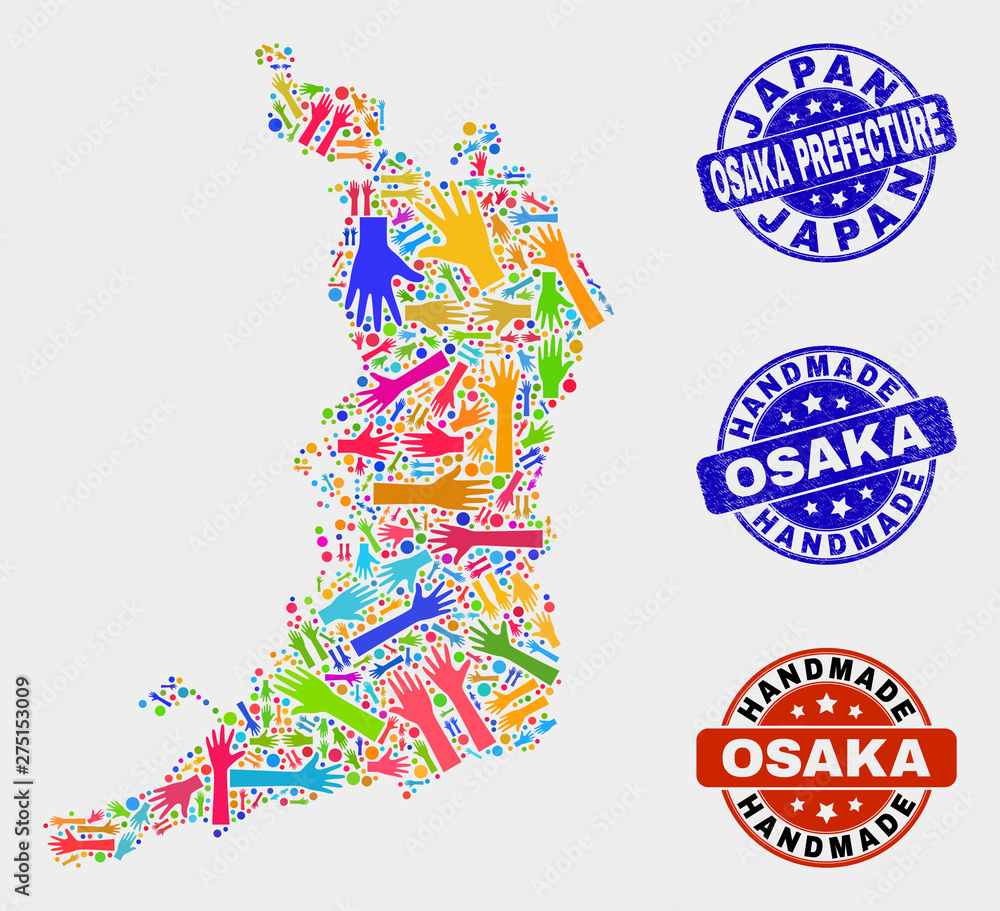 Vector handmade composition of Osaka Prefecture map and scratched watermarks. Mosaic Osaka Prefecture map is composed with random bright colored hands. Rounded watermarks with grunge rubber texture. Vector handmade composition of Osaka Prefecture map and scratched watermarks. Mosaic Osaka Prefecture map is composed with random bright colored hands. Rounded watermarks with grunge rubber texture.