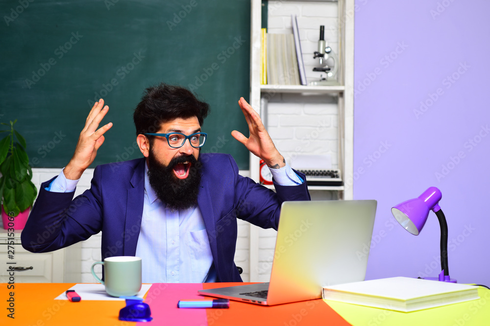 Back to school. Teachers day. Bearded teacher. Student indoors. Excited professor in class. E-learning. Online test. Education concept. School concept. Bearded professor. High school. Back to school. Teachers day. Bearded teacher. Student indoors. Excited professor in class. E-learning. Online test. Education concept. School concept. Bearded professor. High school.