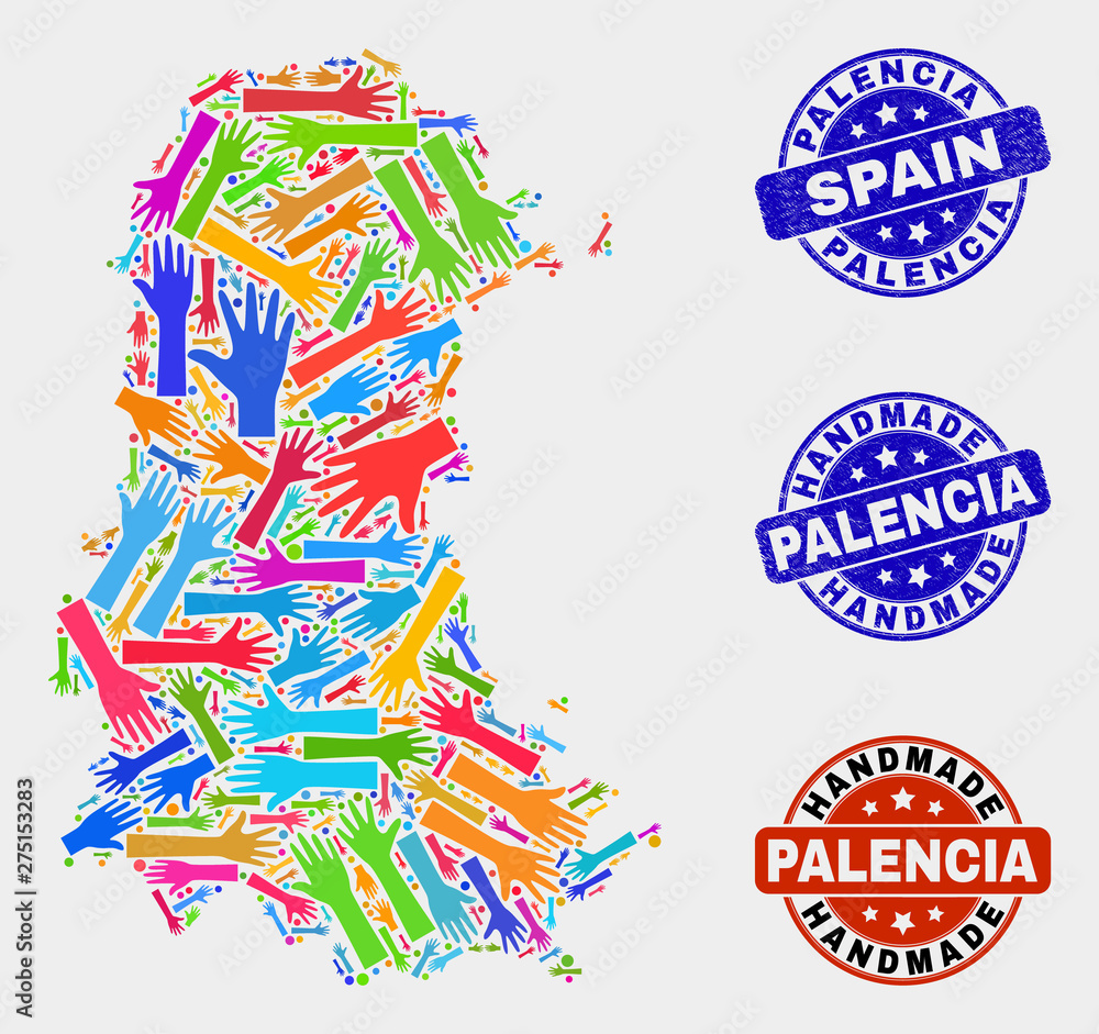 Vector handmade collage of Palencia Province map and rubber stamp seals. Mosaic Palencia Province map is organized of scattered bright colorful hands.