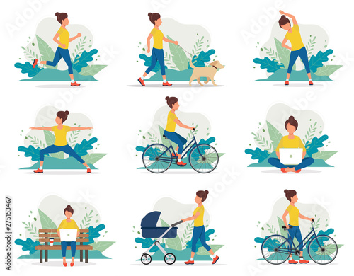 Woman doing different outdoor activities running, dog walking, yoga, exercising, sport, cycling, walking with baby carriage. Vector illustration in flat style, healthy lifestyle concept.
