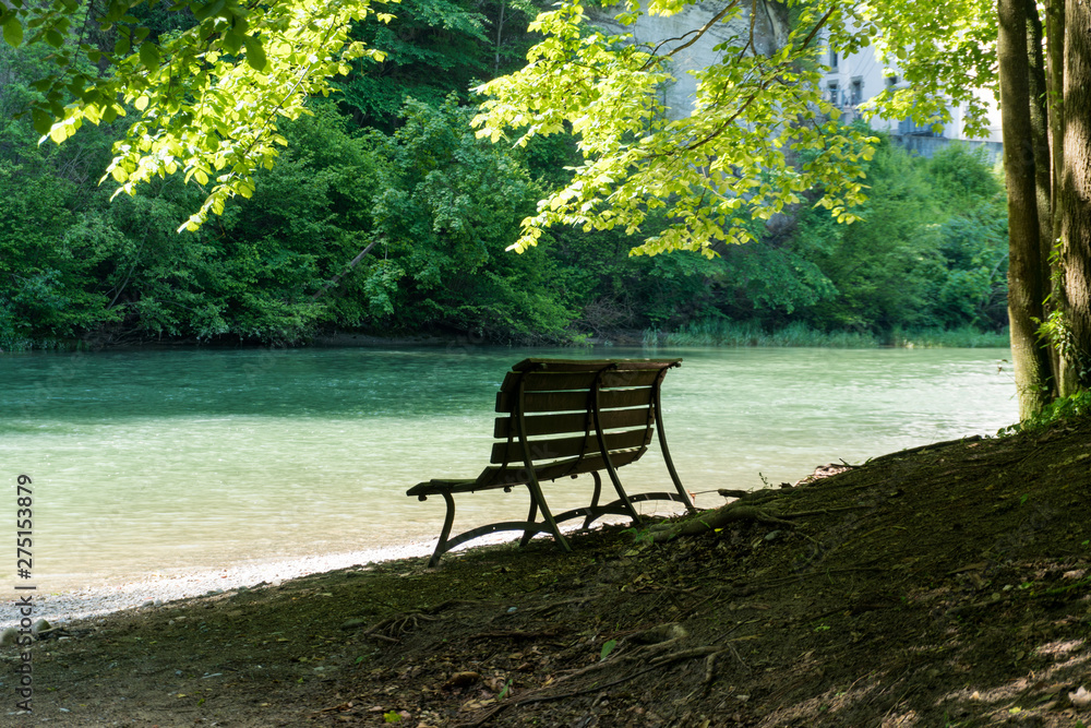 shaded and empty park bench on an idyllic and pictruresque riverbank in cool lush summer forest