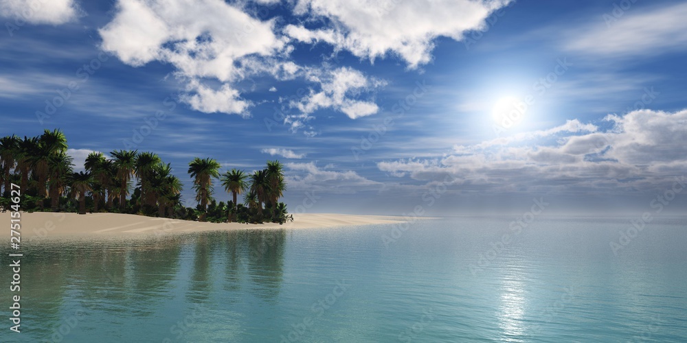 Sandy beach with palm trees, a tropical beach at sunset under a blue sky,