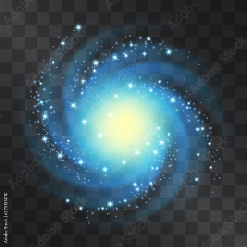 Silver glow neon blue galaxy vector light effect  blizzard with shining stardust halo. Decorative glittering cloud of sparkles  nebula top view. Hurricane top view  vortex on transparent background.
