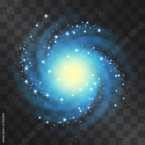 Silver glow neon blue galaxy vector light effect, blizzard with shining stardust halo. Decorative glittering cloud of sparkles, nebula top view. Hurricane top view, vortex on transparent background.