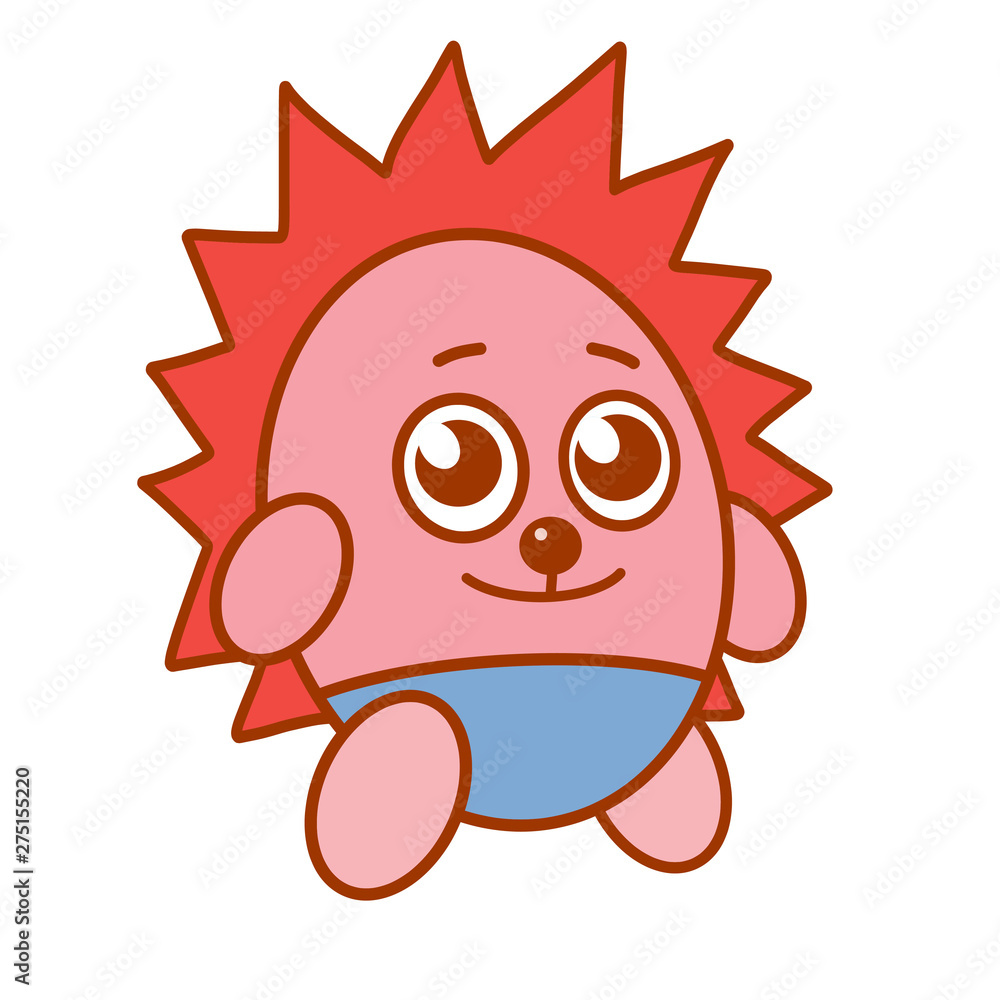 Fototapeta premium Cartoon kind pink hedgehog in blue pants is standing on a white background.