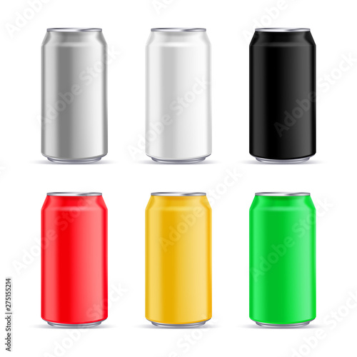 Aluminium can mockup design template. Vector realistic 3d illustration of isolated multicolor aluminum drinks packaging