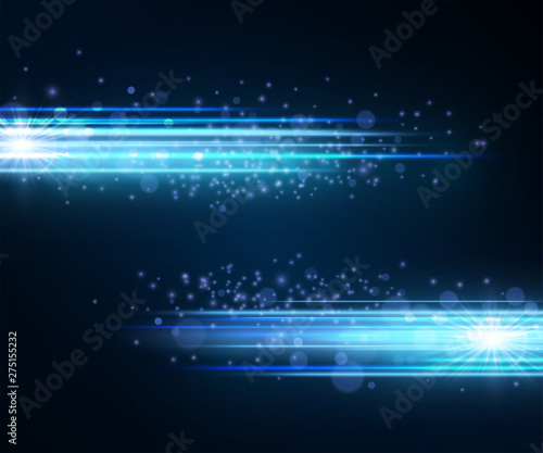 Laser blue glow vector streams. Motion effect light blinking with glitter sparks on dark background. Light energy shots illustration for modern hi-tech design. Power neon flow of high speed particles.