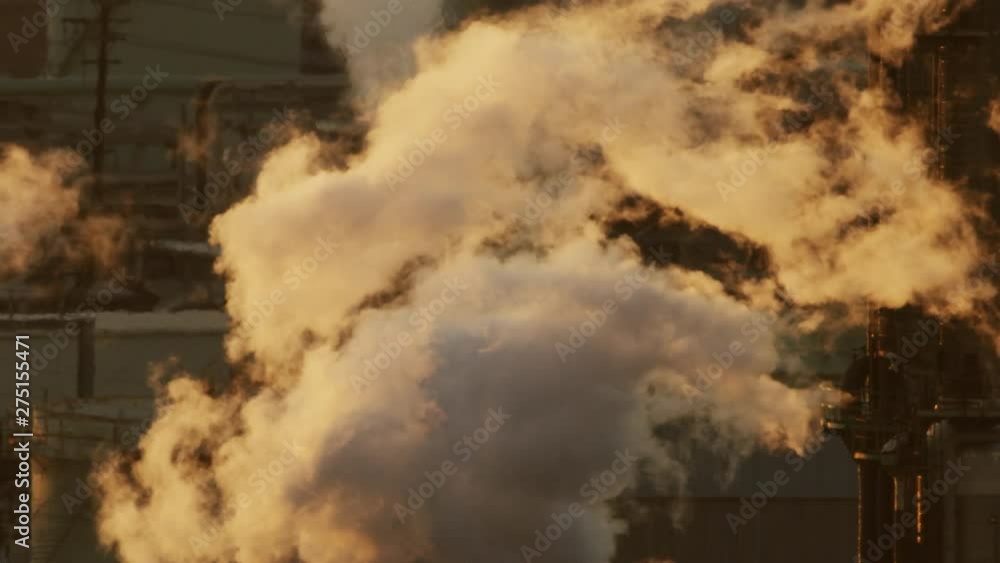 Aerial sunset view smokestack emissions Los Angeles refinery Aerial sunset view smokestack emissions Los Angeles refinery